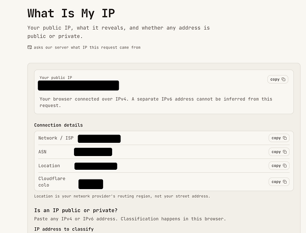 Screenshot of a webpage displaying the external IP address and related information with an option to copy the IP address.