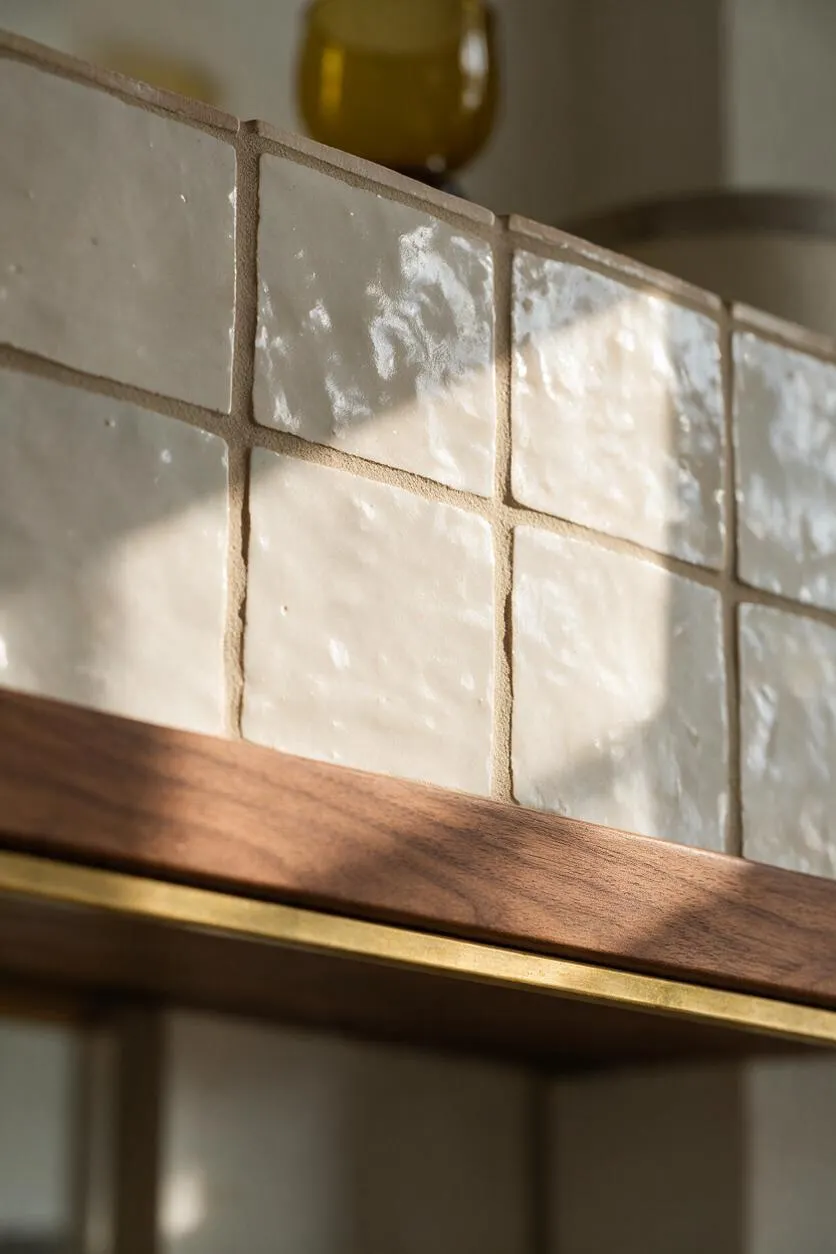 A close-up of an eclectic interior surface featuring glossy cream square tiles with uneven, hand-finished texture and warm beige grout. A slim walnut wood ledge and brass trim run beneath the tiles, with soft sunlight creating reflective highlights and shadows.