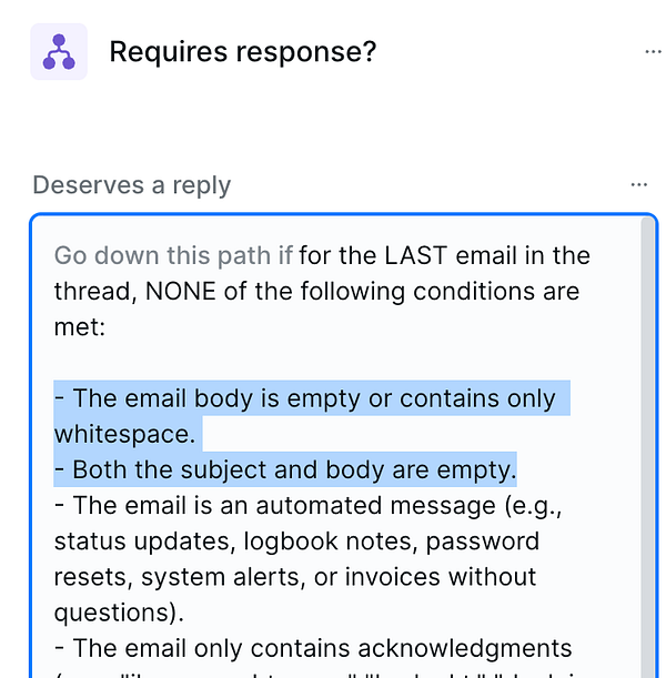 The image displays a flowchart segment related to email reply filtering criteria.
