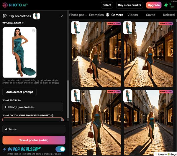 The image displays a user interface for a clothing try-on feature in a photo editing application.