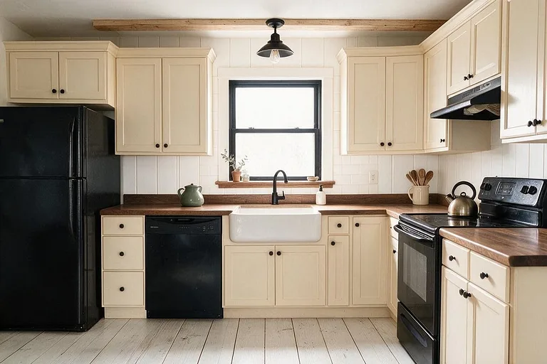 A Farmhouse kitchen in the Beige Kitchen palette: warm white, beige, walnut, ivory, and black
