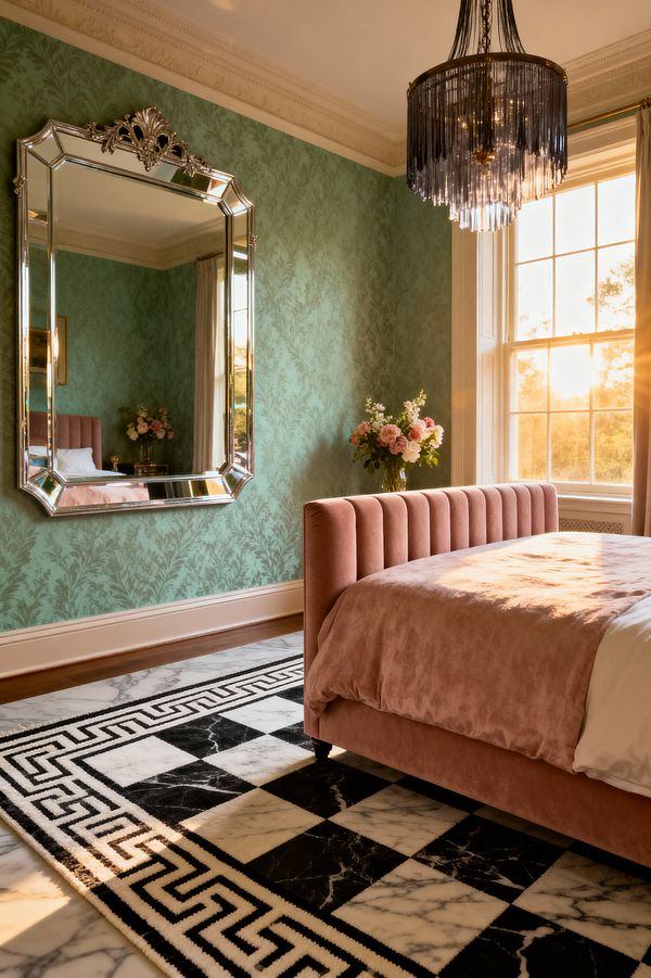 A sunlit Vintage Glam bedroom features a blush pink velvet bed with vertical channel tufting set against sage green damask wallpaper and ornate cream crown molding. A large beveled mirror with an Art Deco crest reflects a tiered smoked-glass chandelier, while a black-and-white checkerboard rug with a Greek key border anchors the floor; tall sash windows, light curtains, and pink flowers complete the romantic scene.