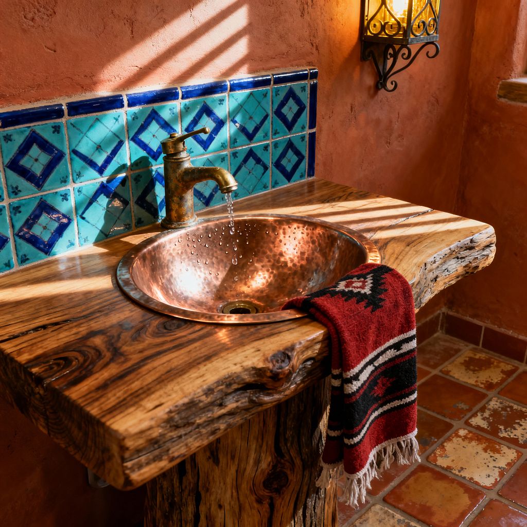 A Southwestern bathroom vignette featuring a hammered copper bowl sink set into a live-edge wood vanity, paired with an aged brass faucet dripping water. A turquoise and cobalt Talavera tile backsplash lines terracotta plaster walls, while a wrought-iron lantern sconce glows warmly. A red patterned hand towel hangs over the slab edge, and rustic terracotta floor tiles show sunlit stripes.