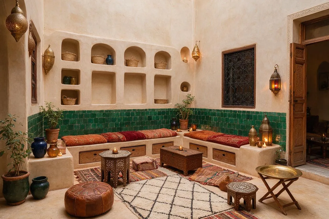 A Moroccan-style backyard courtyard with cream plaster walls, green tile wainscoting, and built-in bench seating wrapped in patterned cushions. The space is decorated with brass lanterns, woven baskets, potted plants, rugs, carved wood tables, and a leather pouf around a central low table.