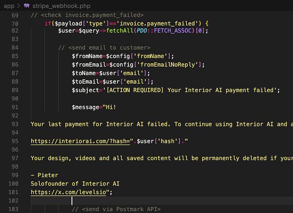 The image displays a code snippet from a PHP file handling payment failure notifications for a service called Interior AI.