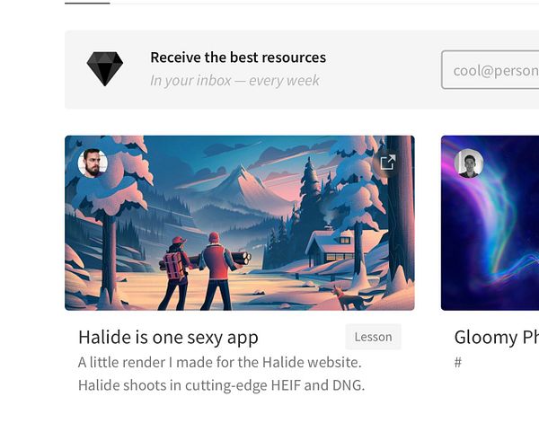 The image shows a website layout featuring an illustration and a promotional text for an app called Halide.