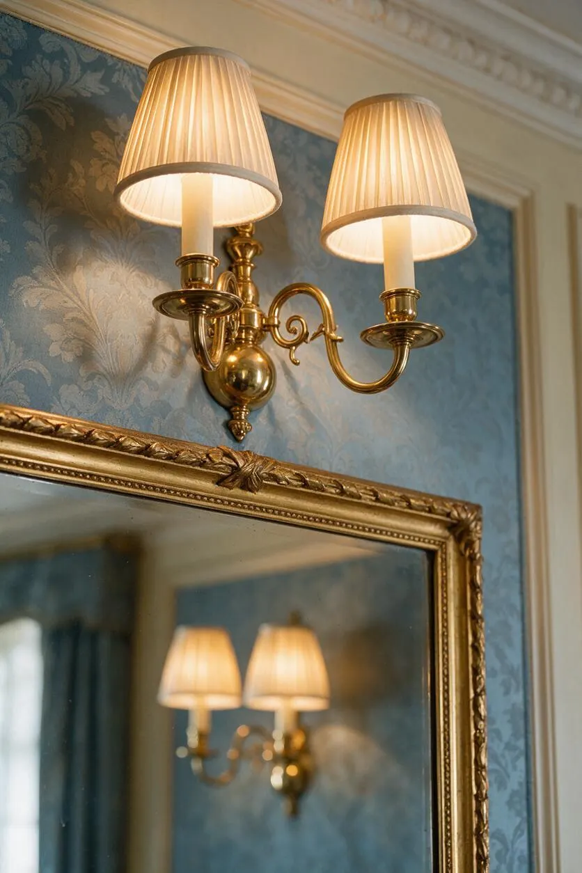 A traditional wall sconce with two curved brass arms and pleated cream shades is mounted above a gilt-framed mirror. It sits against blue floral damask wallpaper, with white crown molding and trim adding a formal, elegant finish.