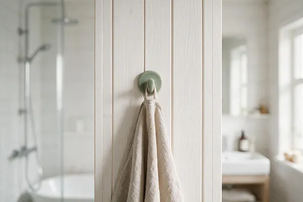 A bright Scandinavian bathroom with vertical painted wood paneling in the foreground, a sage green wall hook holding a beige towel, and a glass shower enclosure blurred in the background. Soft white finishes and natural light create a calm, minimal atmosphere.