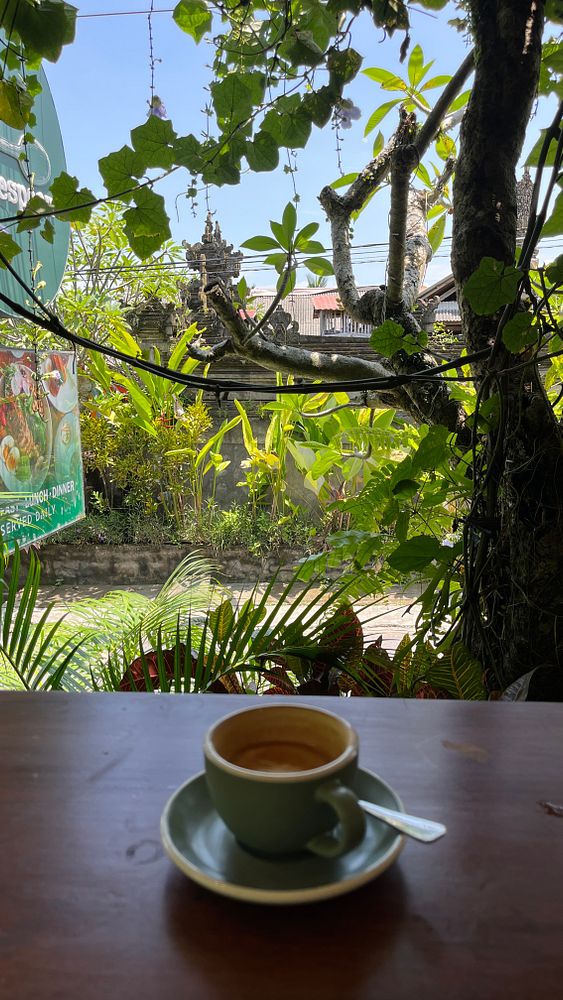 A coffee cup sits on a wooden table with a lush, green outdoor view in the background.
