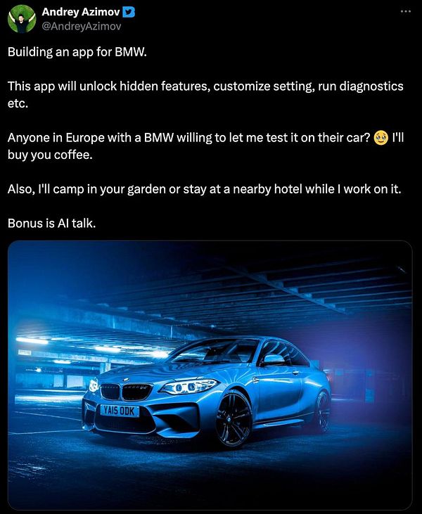A tweet by Andrey Azimov expressing interest in test-driving a BMW and asking if someone can lend theirs.