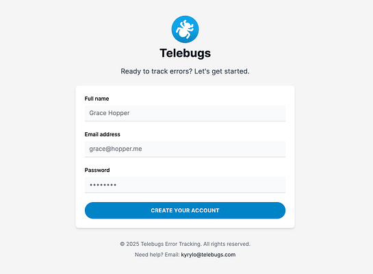 The image displays a user registration form for Telebugs.