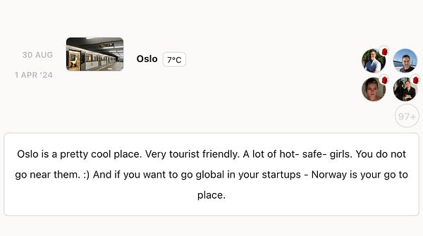 The image features a subway station in Oslo, Norway, along with a text post discussing the city.
