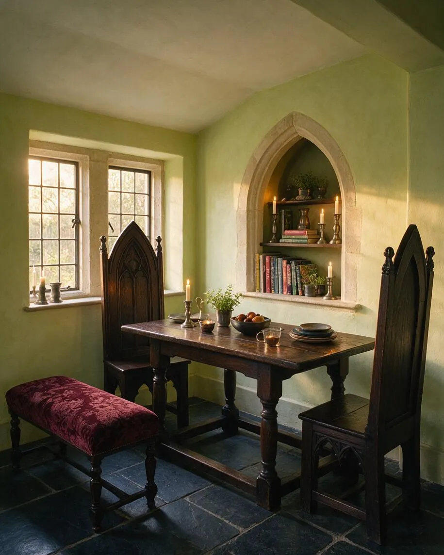 A small Gothic-style sunroom features a dark wood dining table flanked by tall, pointed-back chairs, with a burgundy velvet bench in front. Pale green walls, a stone-trimmed arched niche filled with books and candles, mullioned windows, and a black slate floor create a moody, historic atmosphere.