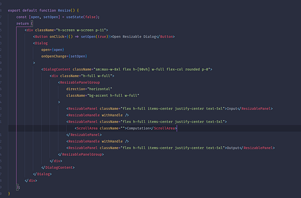 The image displays a code snippet for a React component that implements a resizable dialog with three columns.
