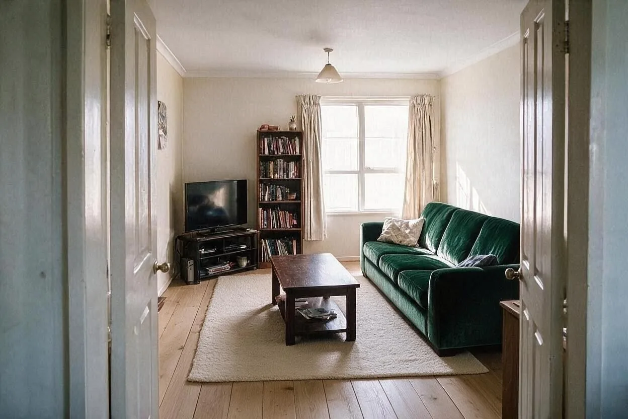 The same room after: Pale oak floor and a cream wool rug.