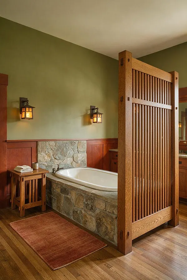 A Craftsman-style master bathroom with a stone-clad soaking tub set against a partial stone backsplash and warm wood wainscoting. A wood privacy screen stands beside the tub, while green walls, lantern-style sconces, a small wood stool, and a rust-colored rug add warmth and character.
