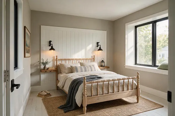 A bright farmhouse guest bedroom with a light wood spindle bed centered against a white vertical-paneled accent wall. Black wall sconces, neutral bedding, woven rugs, and a large black-framed window create a warm, airy, and inviting space.