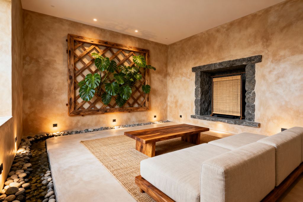 A serene media room with a beige linen sectional on a jute rug facing a low solid-wood table. Sand-colored plaster walls are lit by warm LEDs; a wooden trellis holds large monstera leaves, and a shallow perimeter water rill with smooth river stones lines the floor. A recessed opening framed in dark stone with a bamboo roll shade conceals a screen, while ceiling downlights and wall lights create a soft, ambient glow.