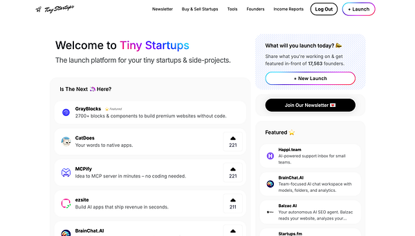 The image displays the homepage of the Tiny Startups platform, showcasing various startup projects and features.