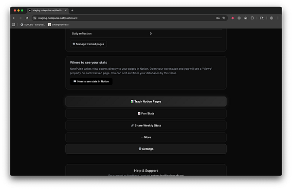 The image displays a dark-themed dashboard interface for NotePulse, showcasing various statistics and menu options.