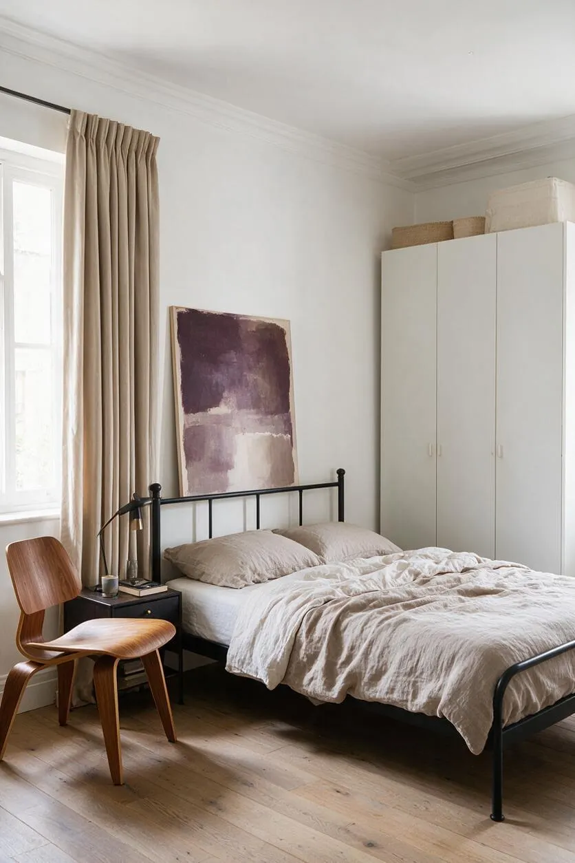 A modern master bedroom with a black metal bed frame, beige bedding, and a simple abstract painting leaning against the wall. Soft beige curtains, a wood chair, and a white wardrobe create a calm, minimalist look with natural light and warm wood floors.