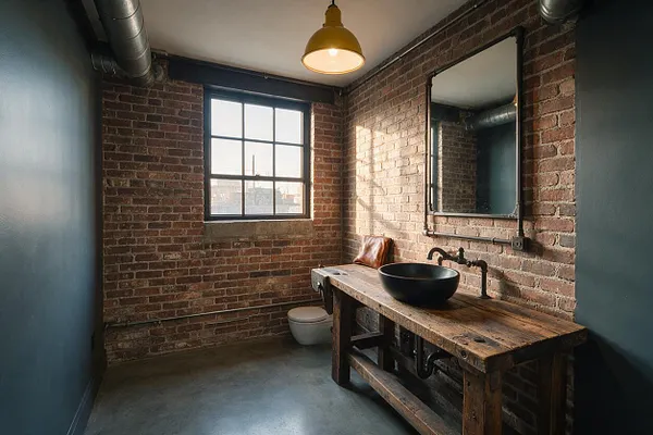 A compact powder room with exposed red brick walls, a concrete floor, and dark painted side walls. A reclaimed wood vanity with a black vessel sink and matte black plumbing sits beneath a tall framed mirror, lit by a single industrial pendant and natural light from a black-framed window.