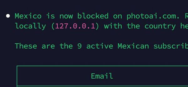 Screenshot of a code or terminal window showing a message about blocking Mexico on photoai.com due to multiple NSFW account signups.