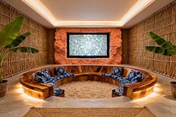 An indoor media room with a circular, sunken seating pit features a curved teak bench with indigo patterned cushions surrounding a center filled with beach sand. The walls are wrapped in thick jute rope, a coral stone surround frames the screen, and large potted banana plants flank the space; warm cove lighting and under-bench LEDs illuminate the honey wood and polished concrete floor accented by a natural jute rug.