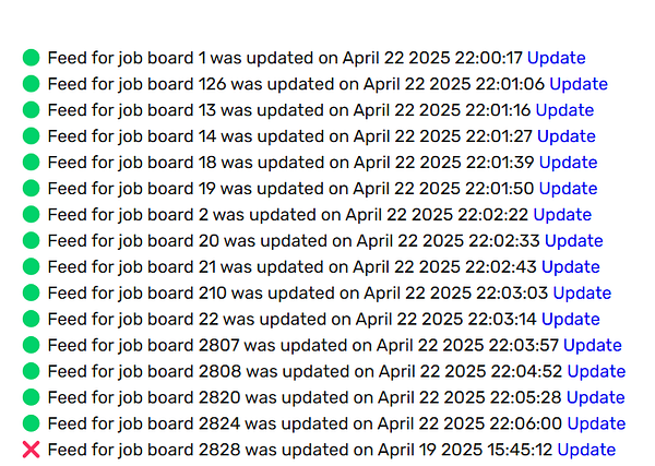 A list of job board feeds with their last update timestamps, highlighting one feed in red due to being outdated.