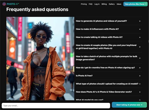 A stylish individual poses in an urban setting, surrounded by a digital FAQ interface for a photo AI service.