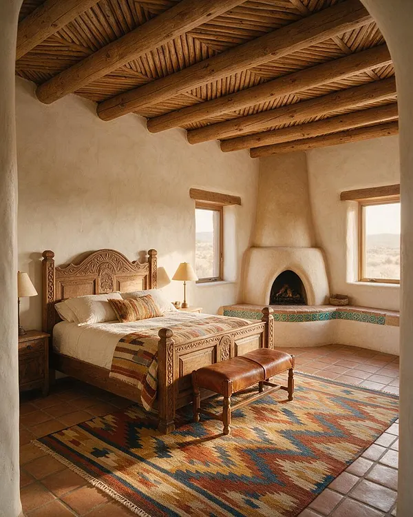A Southwestern-style master bedroom with a carved wooden bed, woven textile accents, and a leather bench on a colorful geometric rug. The room features exposed timber ceiling beams, plaster walls, terracotta tile flooring, and a rounded adobe fireplace between two windows with desert views.