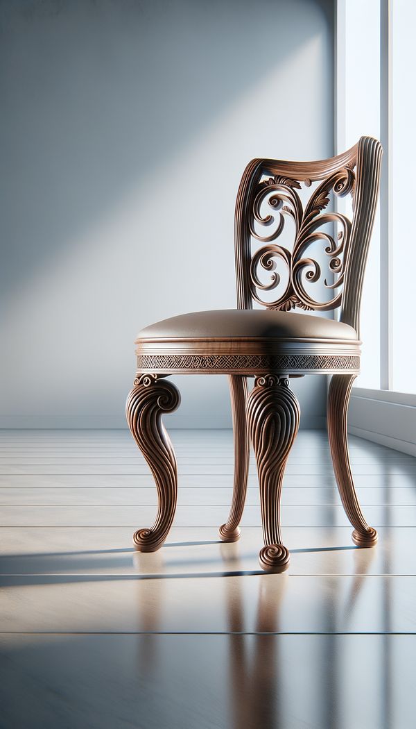 An elegant wooden chair with intricately carved spiral legs, set against a clean, modern background to highlight the contrast between the traditional craftsmanship and contemporary design.