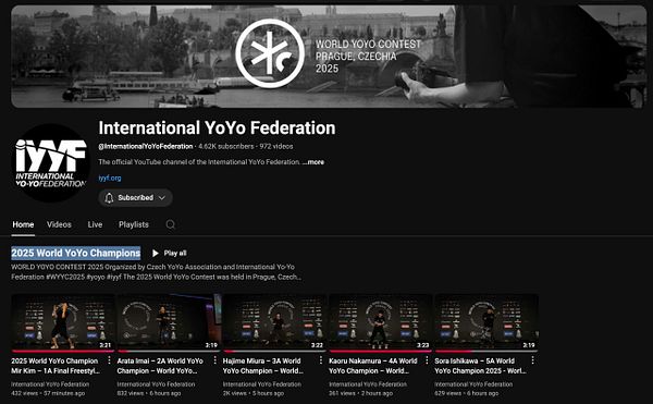 The image displays the YouTube channel of the International YoYo Federation featuring content from the 2025 World YoYo Championships.