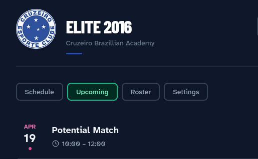 Screenshot of a web page displaying a running list of upcoming match and tournament events without weekly sorting.