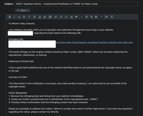 The image displays a DMCA takedown notice template regarding unauthorized distribution of a book titled 'MAKE' by Pieter Levels.