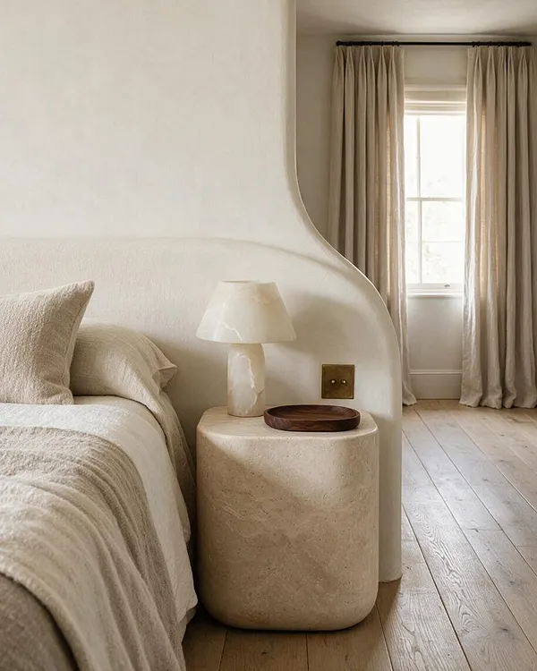 A serene organic modern bedroom with a bed dressed in soft beige linens beside a rounded stone nightstand. A sculptural lamp sits on the nightstand, and sheer curtains frame a bright window over pale wood flooring.
