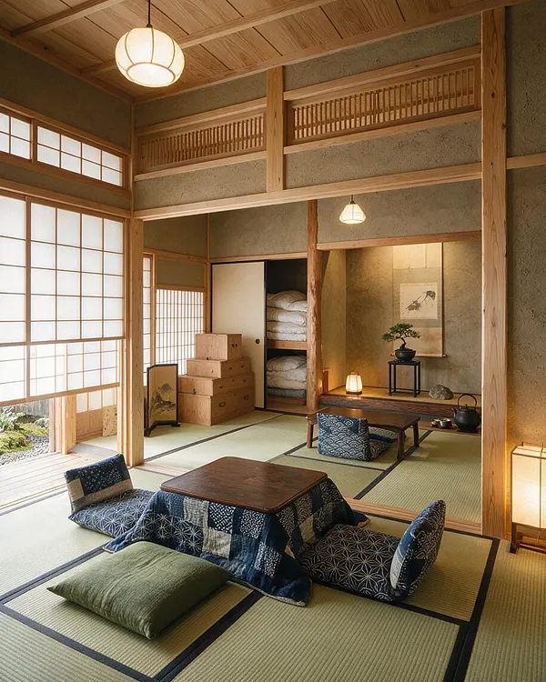 A serene Japanese Zen guest bedroom with tatami mat flooring, shoji paper screens, and exposed light wood beams. Low floor cushions and a small dark wooden table sit centered in the room, while a recessed alcove displays a bonsai, hanging artwork, and a lantern, creating a calm, traditional atmosphere.