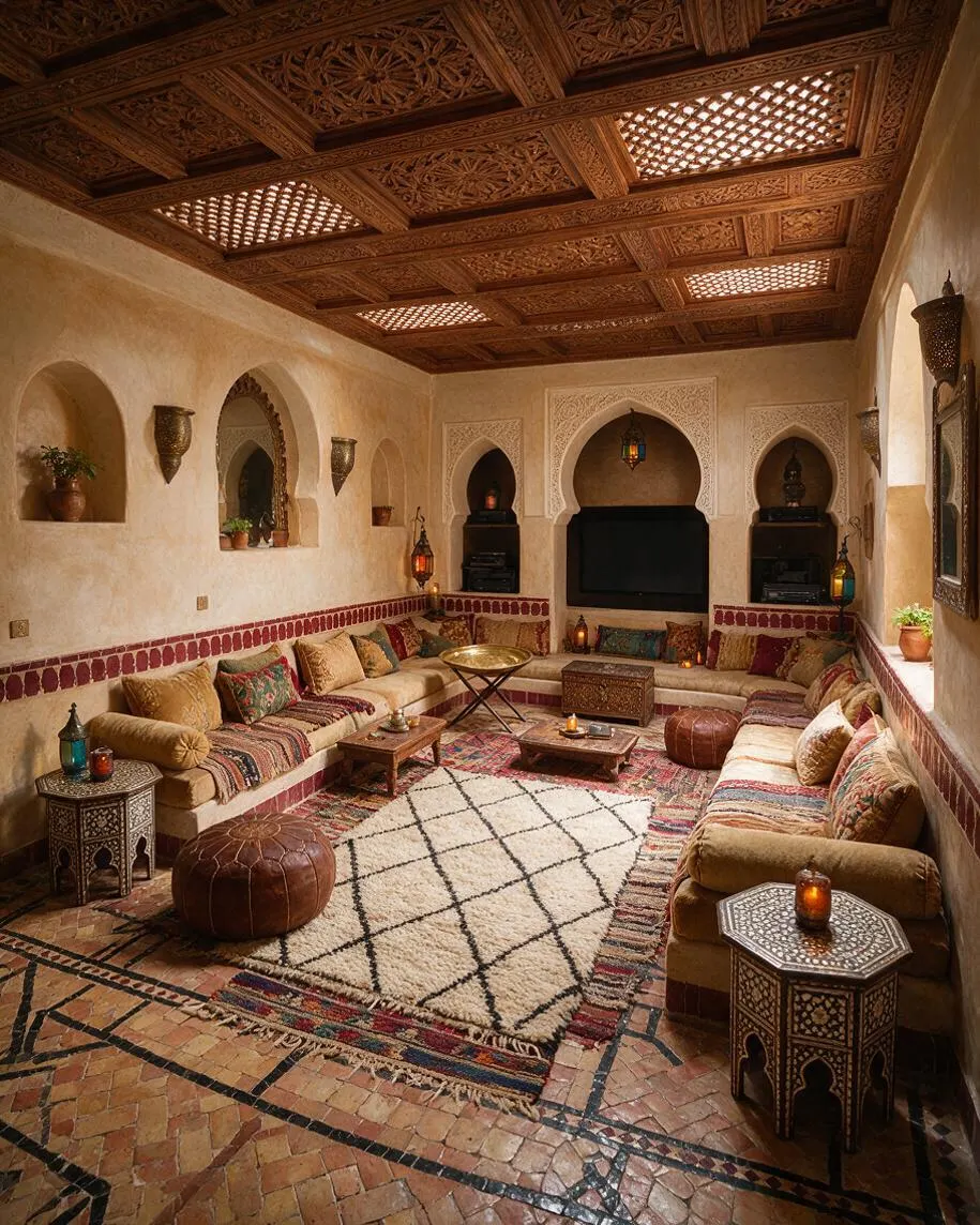 A cozy Moroccan-style basement lounge with built-in beige sectional seating arranged around low tables and leather poufs. The room features carved wood ceilings, arched wall niches, lantern lighting, patterned rugs, and warm earth-toned plaster walls.