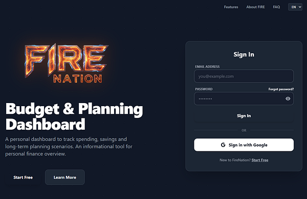 The image displays a login interface for the Fire Nation Budget & Planning Dashboard.