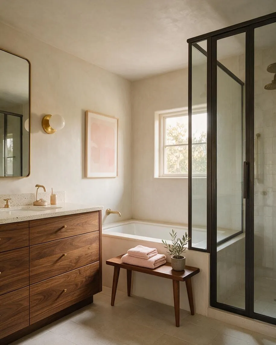 A serene master bathroom with a walnut floating vanity, speckled stone countertop, and brass fixtures beside a soaking tub. A black-framed glass shower enclosure, round mirror, soft wall art, and a small wood bench with folded towels create a calm mid-century modern look.