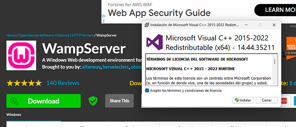 The image displays a WampServer download page alongside a Microsoft Visual C++ installation window.