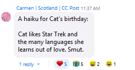 A birthday message from a friend celebrating Cat's interests.