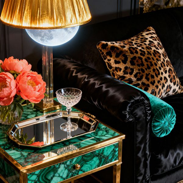 A close-up of a Hollywood Regency living room shows a black velvet roll-arm sofa with an emerald velvet bolster and a leopard-print cushion beside a malachite side table framed in polished brass. On the table sit a beveled mirror tray, a cut-crystal coupe, coral peonies in a vase, and a lamp with a pleated gold shade, clear column, and glowing orb base, all set against dark paneled walls for a glamorous, warmly lit scene.