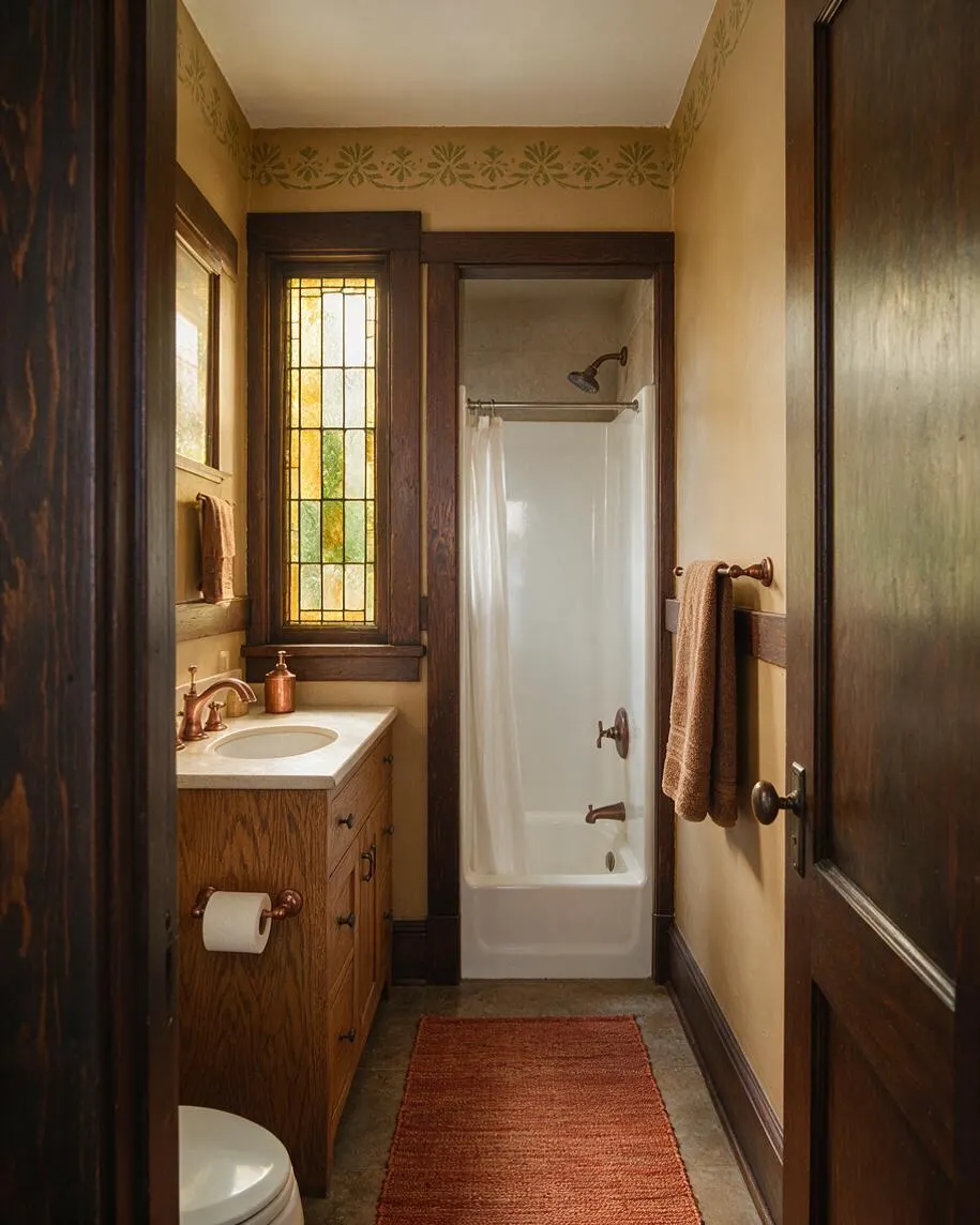 A narrow Craftsman-style master bathroom with warm beige walls, dark wood trim, and a wood vanity topped with a light stone countertop. The room includes a white shower with a curtain, copper-toned fixtures and accents, a stained-glass window, and a rust-colored runner on the floor.