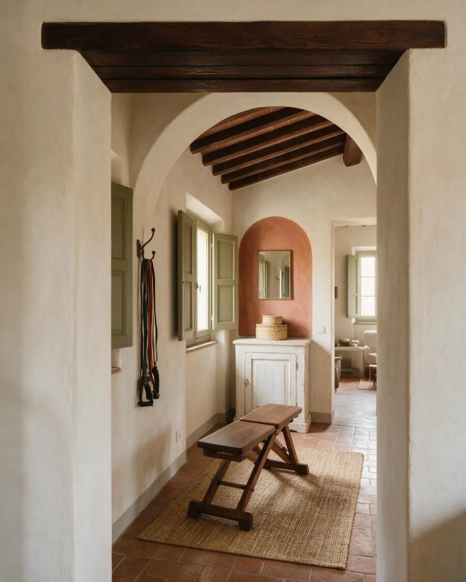 A Mediterranean-style home gym with white plaster walls, dark exposed ceiling beams, and arched openings. The room includes a wooden workout bench on a woven jute rug, pale green window shutters, resistance bands on the wall, and a white cabinet topped with baskets beneath a terracotta alcove.