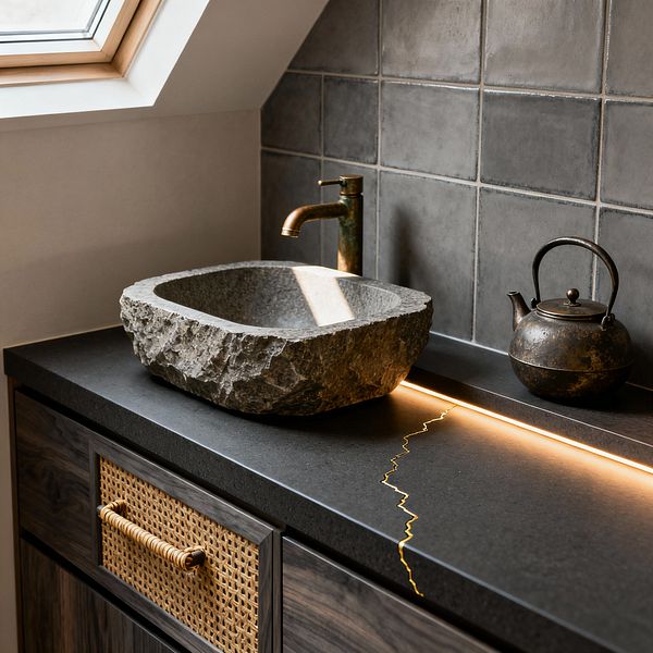 A Japanese-inspired kitchen vignette features a rough-hewn stone basin on a charcoal countertop, paired with a patinated brass faucet and a cast-iron teapot. Hand-glazed gray tiles form the backsplash, while a warm LED strip traces a kintsugi-style gold seam across the counter and down its edge; below, walnut cabinetry with a woven rattan drawer front and a wrapped pull completes the natural palette, lit by daylight from a nearby skylight.