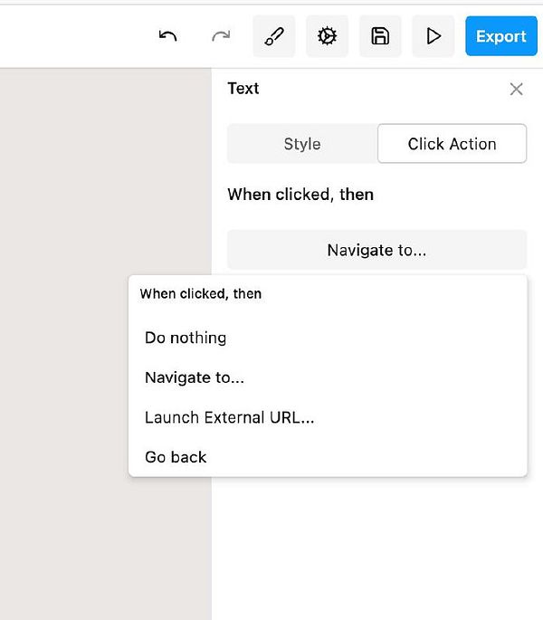 The image displays a user interface for configuring click actions in a software application.