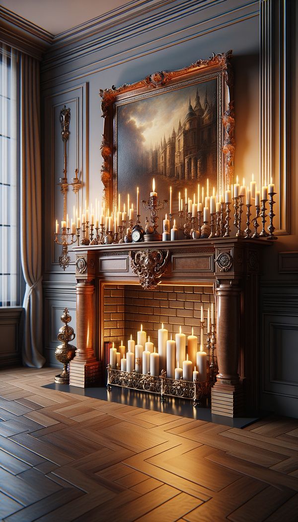 A beautifully decorated mantel with candles, a large painting above it, and several decorative objects on the shelf.