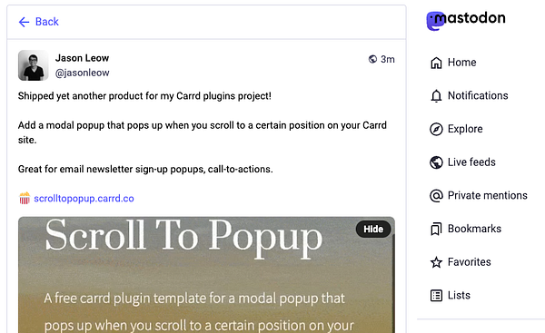 A Mastodon post promoting a new plugin for Carrd that triggers a modal popup upon scrolling.