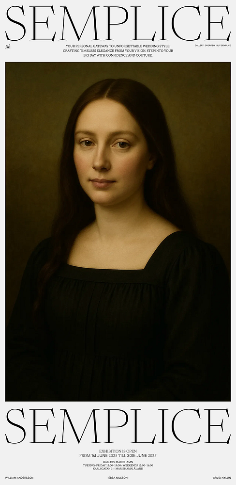 A promotional poster for the Semplice exhibition featuring a portrait of a woman.